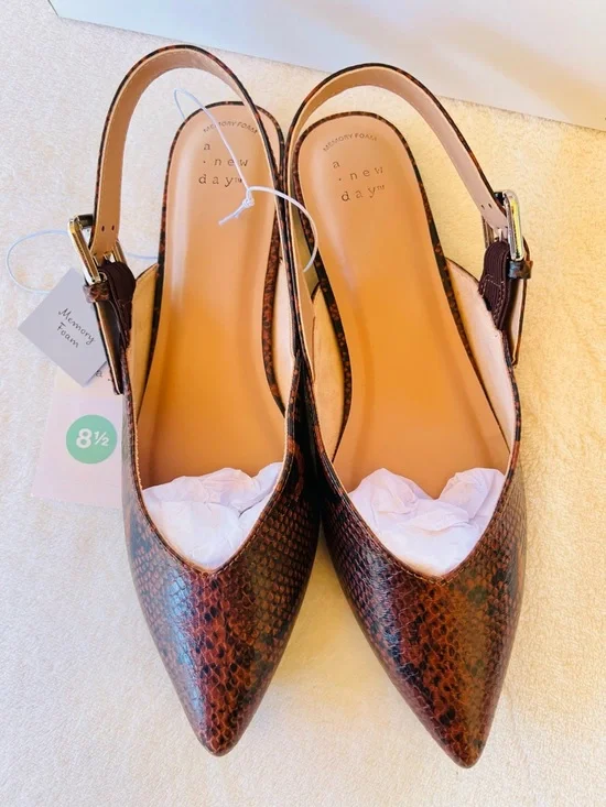 Snake Print Slingback Flats Pointed Toe Neutral Chic Minimalist SIZE 8.5 NWT - Picture 7 of 10